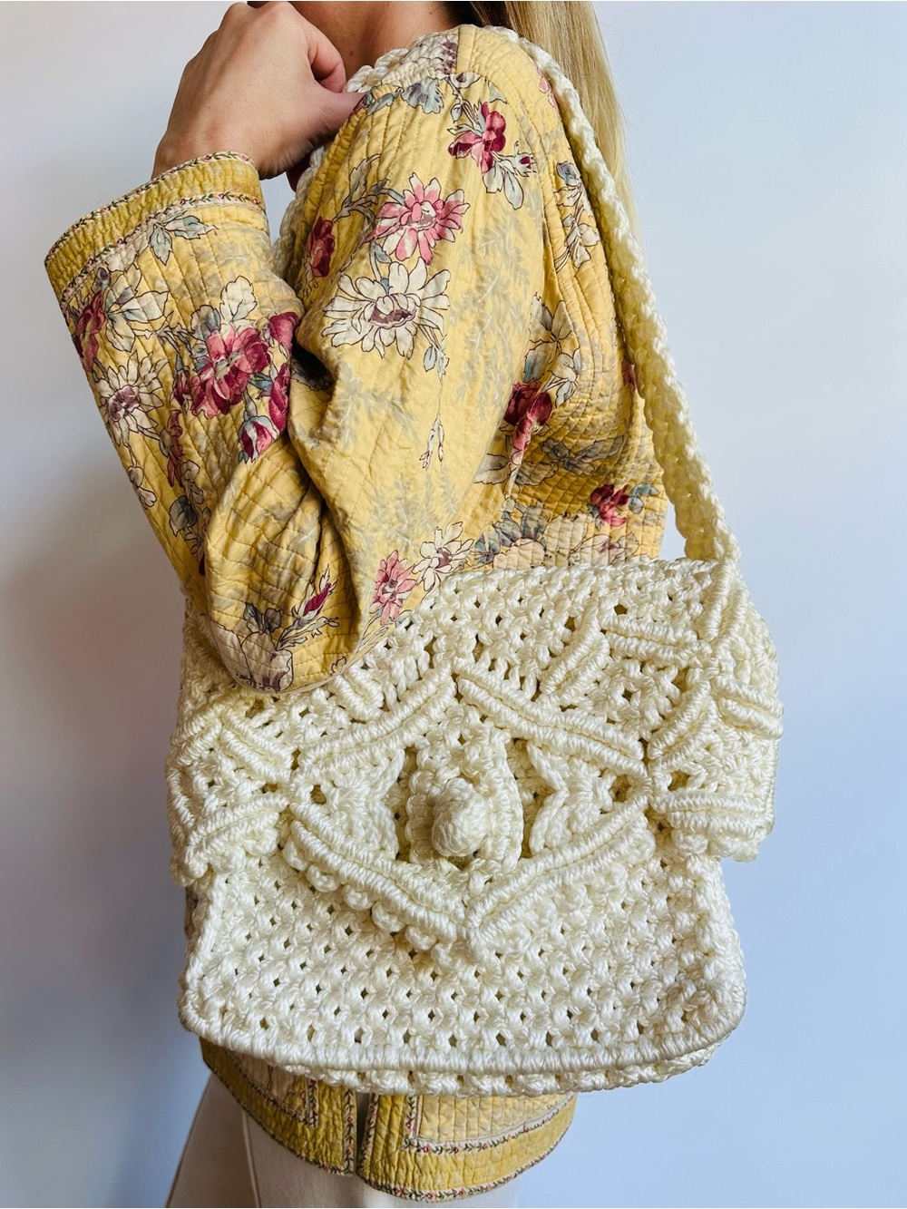 Vintage Handmade Crochet Shoulder Bag Cream Boho Macrame Knit Purse Lined